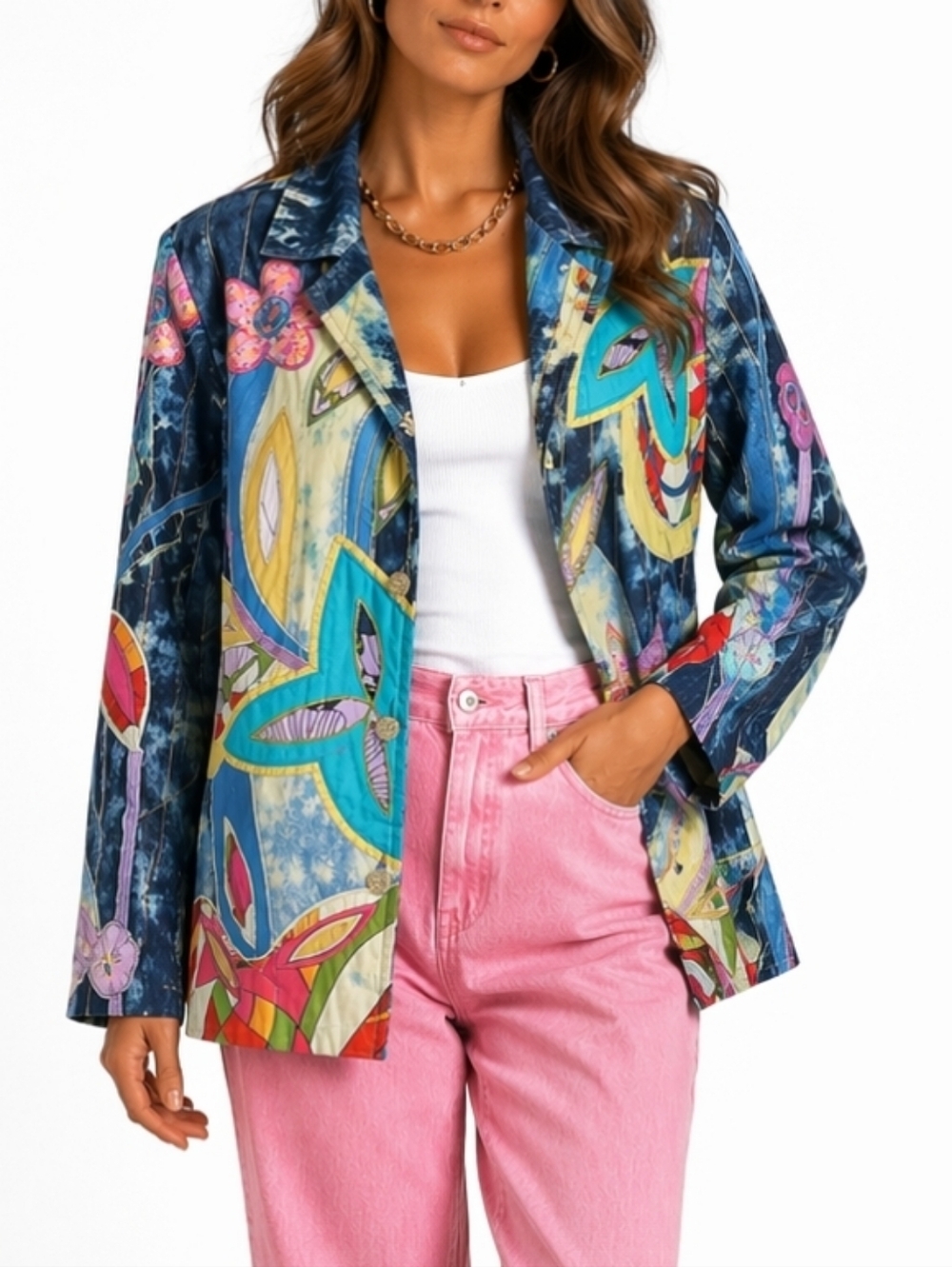 Draper's & Damon's Multi-Color Tie Dye Embroidered Beaded Patchwork Deni…